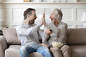 Excited grownup son and mature dad celebrate game win