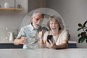 Excited happy elder couple getting message with good surprising news