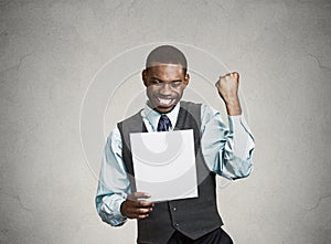 Excited happy man holding document, receiving goood news