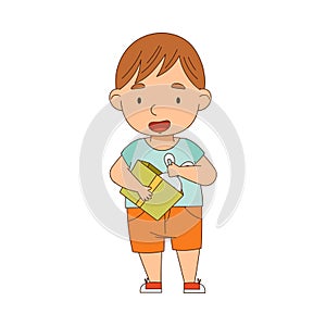 Excited Little Boy Opening Gift Box Rejoicing at Present Vector Illustration