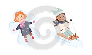 Excited Little Girl Making Star Lying on Snow and Sleighing Downhill Vector Set