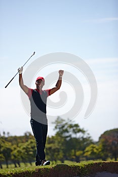 Excited man, celebration and golfer with fist pump for winning, victory or shot in sand pit. Happy male person or sports