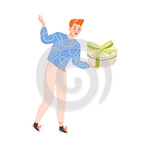 Excited Man Receiving Wrapped Gift Box for Special Occasion Like Birthday or Holiday Celebration Vector Illustration