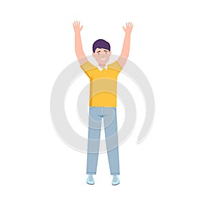 Excited Man Up with Hands Cheering About Something Vector Illustration