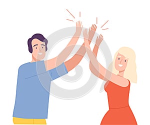 Excited Man and Woman Giving High Five to Each Other Vector Illustration