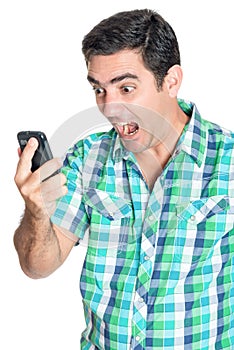 Excited man yelling at his mobile phone