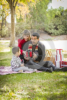 Excited Mixed Race Family Enjoying Christmas Gifts in the Park Together