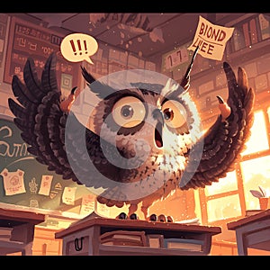 Excited Owl Teacher, Classroom Joy!
