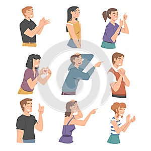 Excited People Character Looking at Someone Clapping Hands and Showing Thumb Up Vector Set
