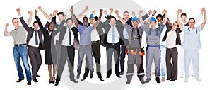 Excited people with different occupations celebrating success photo