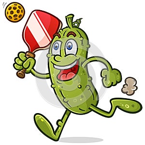 Excited pickle cartoon character dashing across the court to hit a stray pickleball