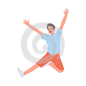 Excited positive young man student or freelancer cartoon character screaming and jumping in air