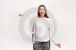 Excited Pregnant Lady Holding Speech Bubble Standing, Studio Shot, Mockup