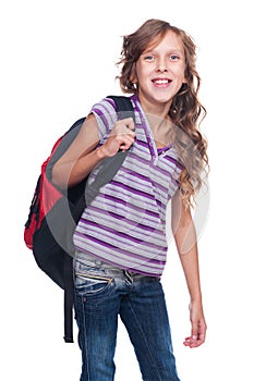 Excited pupil holding knapsack