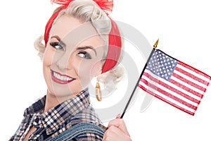 Excited retro woman celebrates 4th July, isolated on white