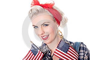 Excited retro woman withUSA flags, space for text, isolated on w