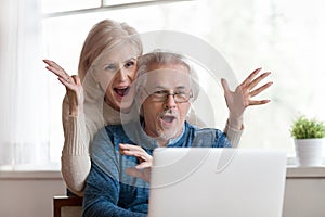 Excited senior couple looking at laptop surprised by good news photo