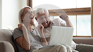 Excited senior couple read good news on laptop