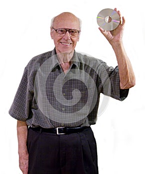 Excited senior holds a cd-rom