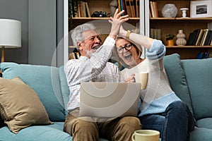 Excited senior mature couple surprised by good unbelievable news, unexpected win, huge shopping sale offer on website, astonished