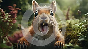 Excited shocked squirrel with surprised look on its face in woods. Generative AI