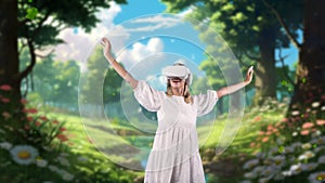 Excited smiling woman looking by VR in forest with maple leave. Contraption.