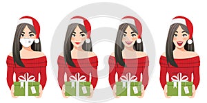 Excited surprised woman in Santa Claus hat holding stack presents cartoon character