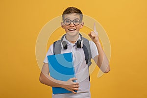 Excited Teen Boy Wearing Eyeglasses Having Idea, Raising Finger Up