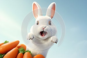 Excited white bunny in mid-jump over carrots, blue sky background. Concept of vitality, healthy eating, kids