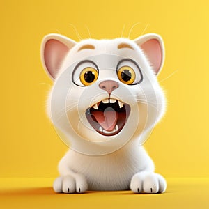 Excited White Cat on Yellow Background