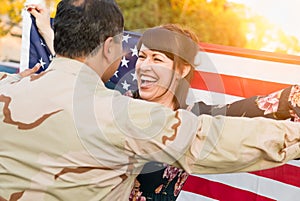 Excited Woman With American Flag Runs to Male Military Soldier Returning Home