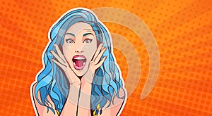 Excited Woman With Blue Hair And Open Mouth Pop Art Style On Colorful Retro Background