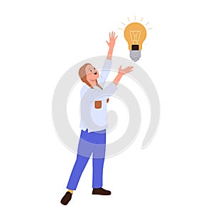 Excited woman cartoon character having brilliant idea finding genius solution holding light bulb