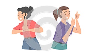 Excited Woman Character Looking at Someone Demonstrating Attention Showing Thumb Up Vector Set