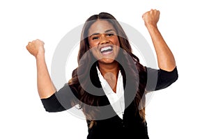 Excited woman with clenched fists