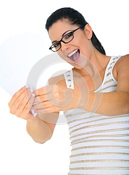 Excited Woman Holding Blank Cards