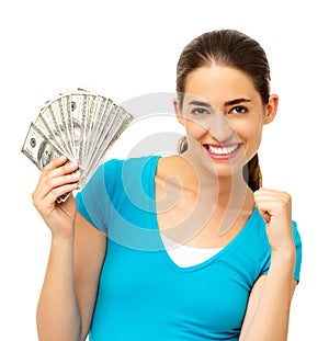 Excited Woman Holding Fanned Dollar Bills