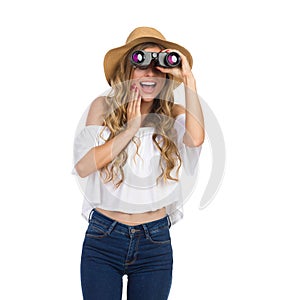 Excited Woman Looking Through Binoculars