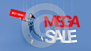 Excited woman puppet with MEGA SALE sign