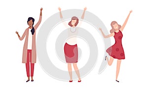 Excited Woman with Raised Up Hands Cheering About Something Vector Set