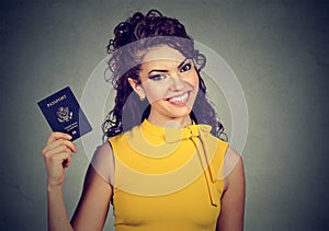 Excited woman with USA passport