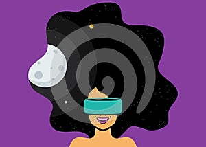 Excited woman wearing vr helmet for space simulation and digital