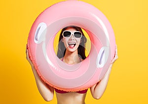 Excited Young beautiful woman wearing swimsuit bikini