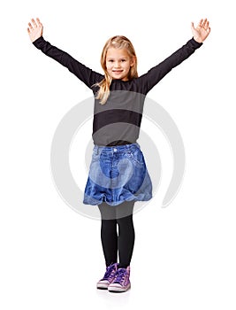 Excited, young and fashion with portrait of child in studio for cool, student and casual style. Smile, youth and