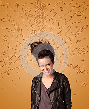 Excited young woman with extreme hairtsyle and hand drawn lines