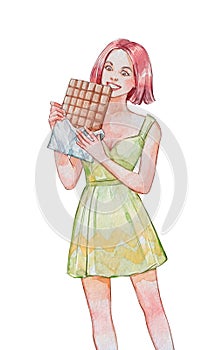 Excited young woman with a huge chocolate