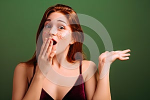 Excited young woman wow open mouth stare