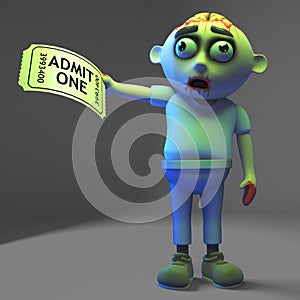 Excited zombie monster has a ticket of admission to the show, 3d illustration