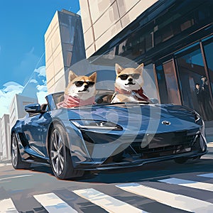 Exciting Adventure with Two Shiba Inu Dogs in a Futuristic Car