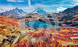 Exciting autumn view of Cheserys lake Lac De Cheserys, Chamonix location. Superb morning scene of Vallon de Berard Nature Preser